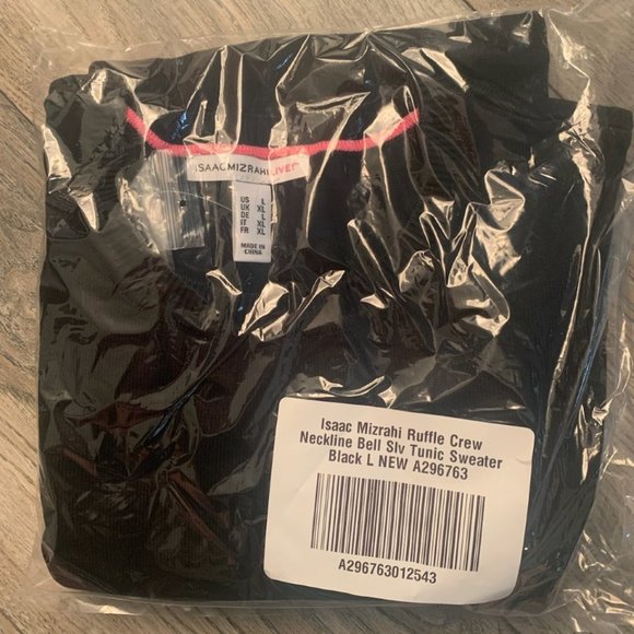 NWT ISAAC MIZRAHI BLACK RUFFLE CREW NECKLINE BELL SLEEVE TUNIC SWEATER LARGE - Picture 10 of 12